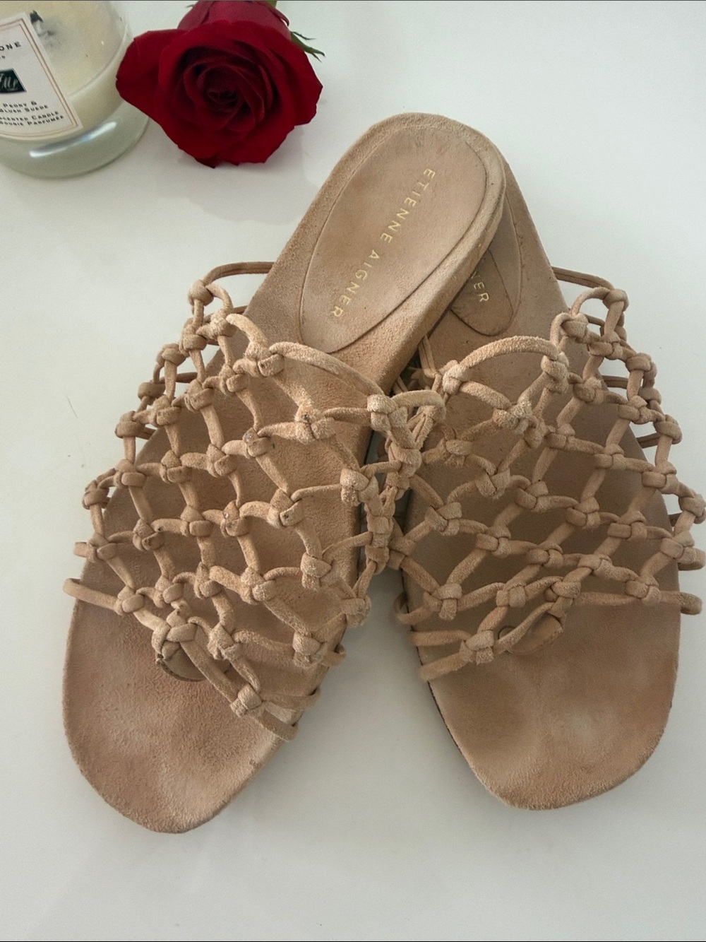 Etienne Aigner Woven Slide Sandals in Brown